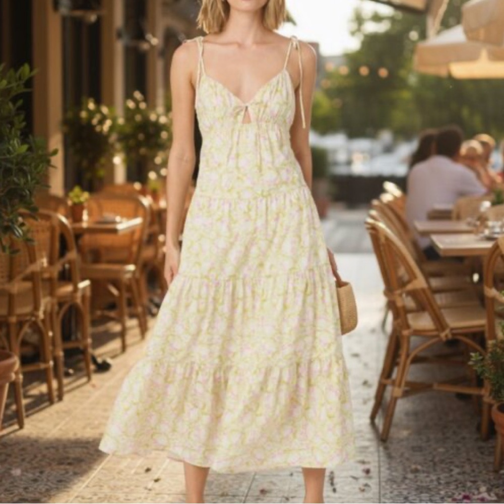 ASTR the Label Tie Strap Tiered Yellow midi Dress